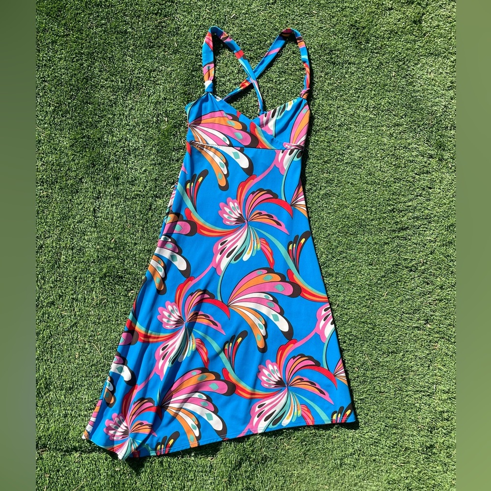 BCBG MAXAZRIA Blue Tropical Floral Asymmetrical Y2K Dress Size XS - Picture 2 of 7